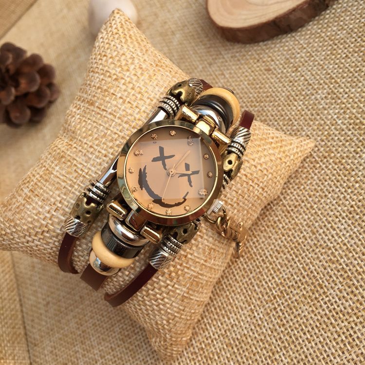 Fashion Trendy Leather Belt Stainless Steel Buckle Bracelet Watch Women's Rhinestone