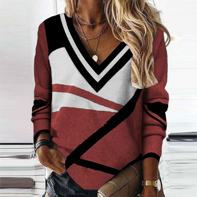 Women's Clothing V-collar Contrast Color Geometric Print Elegant Loose Long Sleeve