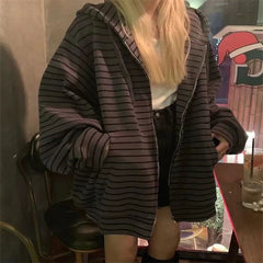 Women's Striped Loose Zipper Hoodie