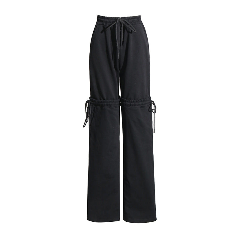 Design Sense Stitching Tied Drawstring Adjustable Slimming High Waist Straight Solid Color Casual Pants