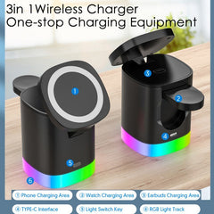 3 In 1 Magnetic Wireless Fast Charger For Smart Phone RGB Ambient Light Charging Station For Airpods IWatch